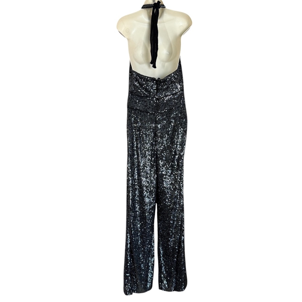 Maeve Anthropologie Black Silver Sequin Halter Jumpsuit Wide Leg Evening Size 10 - Picture 8 of 17